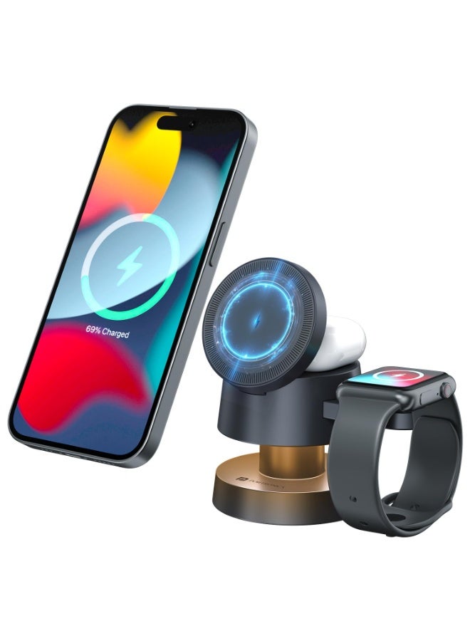 بورترونيكس Portronics 15W TriCharge 4-in-1 Fast Charging Wireless Charger for iPhone with Night Lamp, Wireless Charging for Airpods & Apple Watch, MagSafe Compatible, for iPhone 16/15/14/13, Pro,Pro Max (Grey) - Image 1